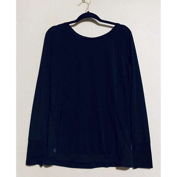 Athleta Top Womens Medium Striped Sides Raglan Sleeve Black Lightweight Stretchy - Picture 1 of 6